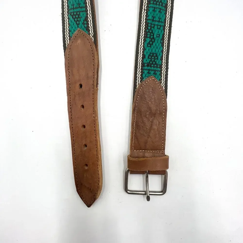 Handmade Leather Belt Woven Tribal Animal Motifs Green Tan